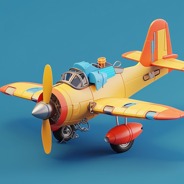 A yellow and orange model plane with a blue background and the word " fly " on the front.