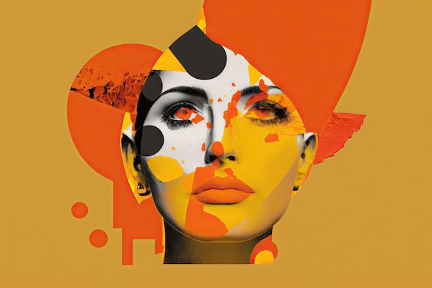 ジェネレーティブaiで作成された黄色の背景に顔を描いた黄色オレンジ色のモダンアートコラージュ