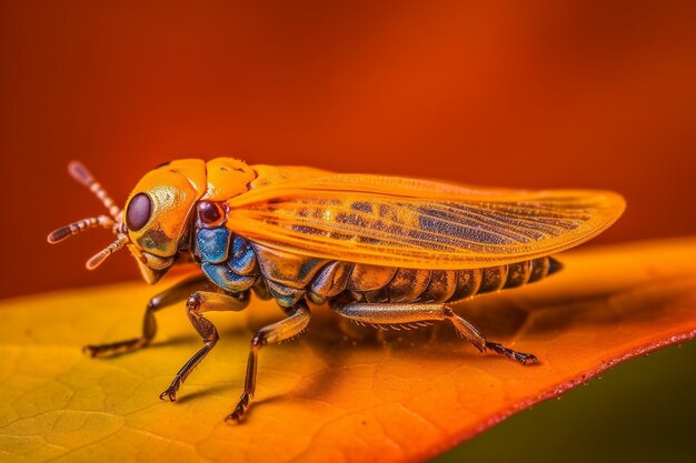 A yellow and orange moth with blue markings on its face.