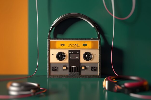 A yellow and orange do - one tape recorder with headphones on it.