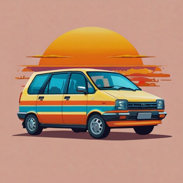 a yellow and orange van with the sun shining on the top