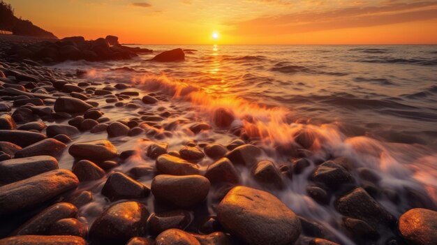 желтый и оранжевый яркий закат над камнями в море или океане