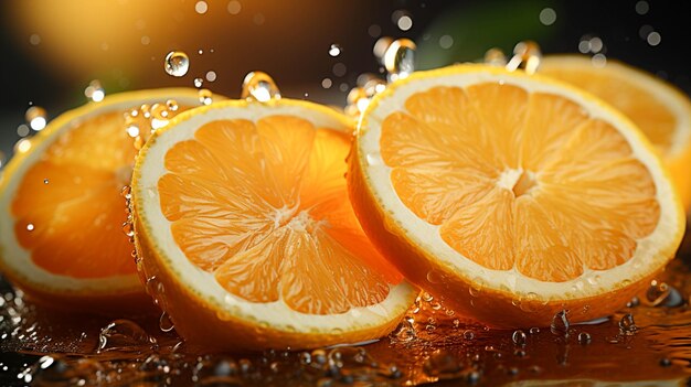 Photo yellow oranges with a splash of water on a light orange color background