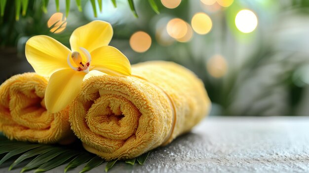 Желтая орхидея украшает стопку полотенцев, добавляя прикосновение цветочной красоты.