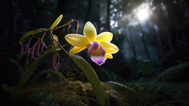 A yellow orchid in the forest with the sun shining on it.