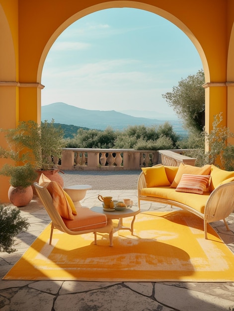 Yellow outdoor furniture with a view of the mountains generative ai