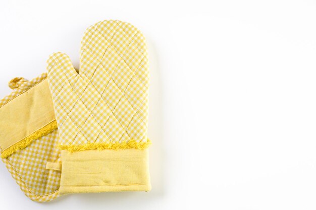 Yellow oven mitt on a white background.