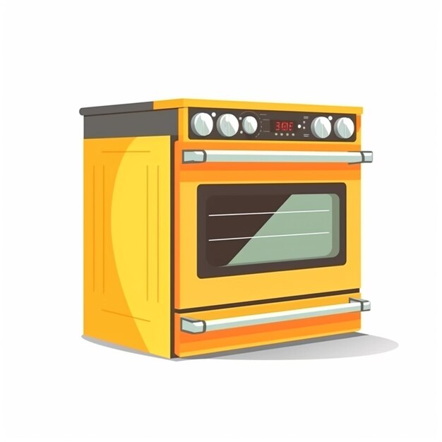 A yellow oven with the time of 2 : 00 on the front.