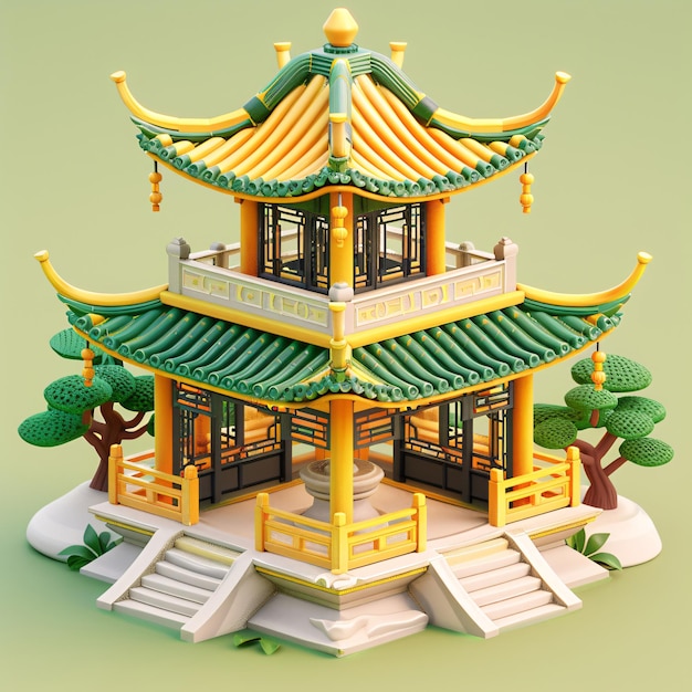 초록색 지붕과 배경에 나무가 있는 노란색 파고다 3D 중국 양식의 고대 건물