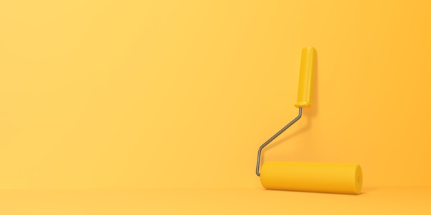 Photo yellow paint roller on a bright yellow background home renovation or painting template 3d render