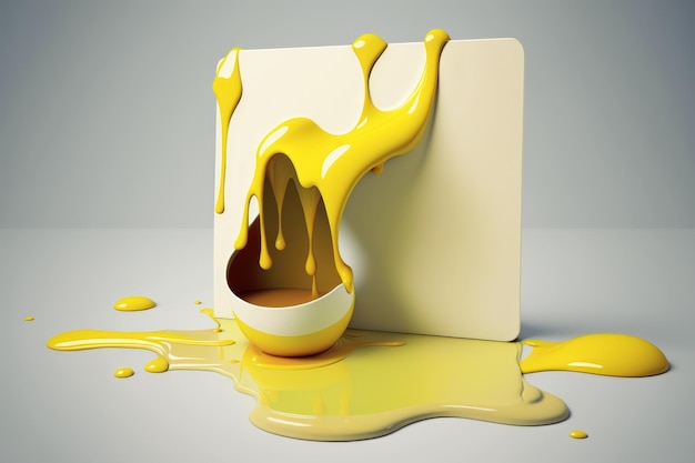 Yellow paint spills in a still life shot with a white background