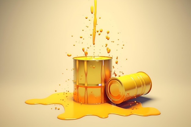 Yellow paint splashing into the metallic barrel spilled paint around Creative illustration AI generated