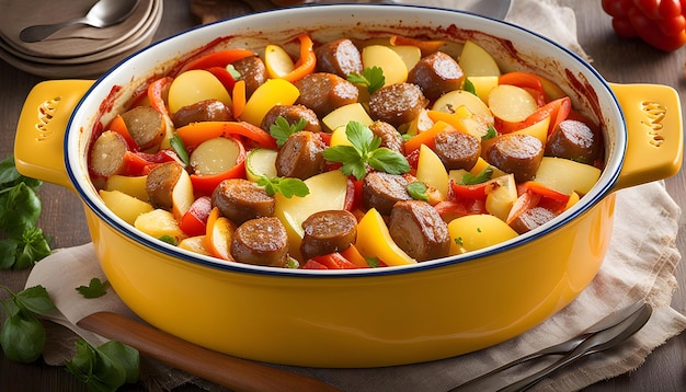 a yellow pan with meat vegetables and potatoes on it