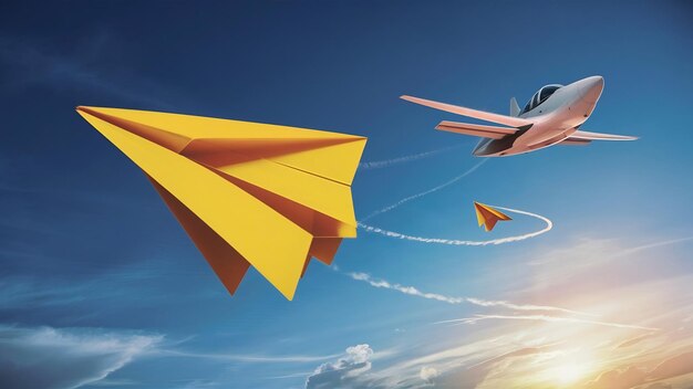 뒷면 에 색 비행기 가 있는 노란 종이 비행기