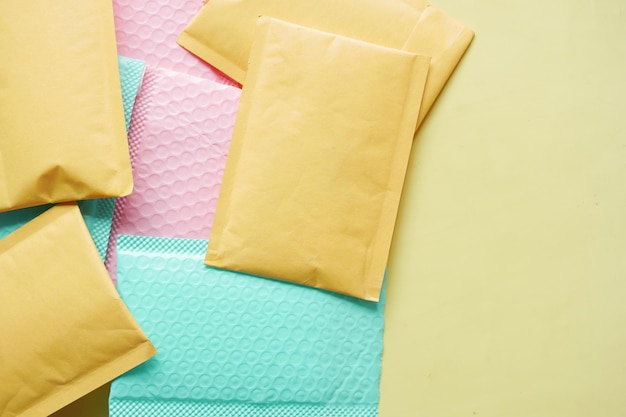 yellow paper bubble envelope on table