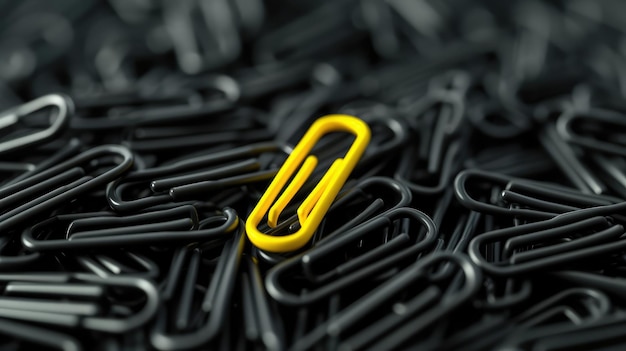 yellow paper clip stands out against a group of black paper clips Leader concept think differently