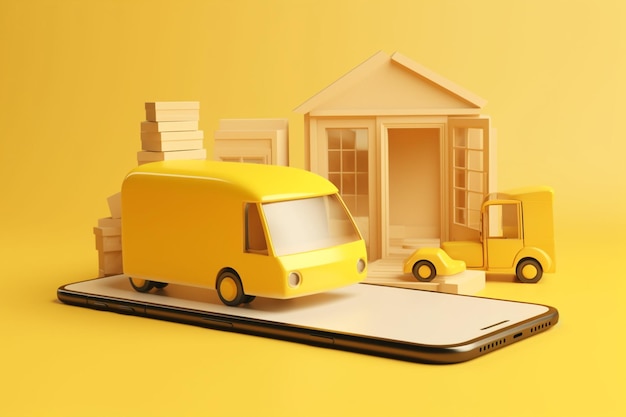 A yellow paper cut out of a phone with a truck and boxes on it Generative ai