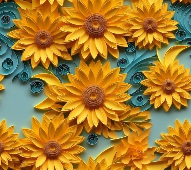 Yellow paper flowers are arranged on a blue background generative ai