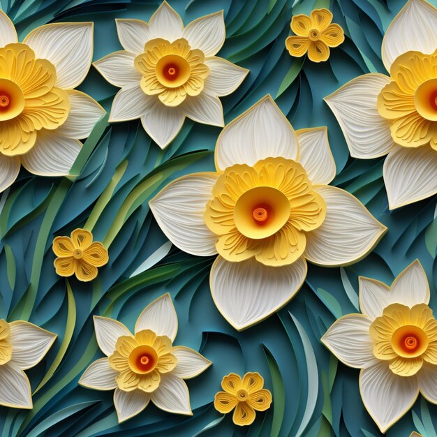 Yellow paper flowers are arranged in a pattern on a blue background generative ai