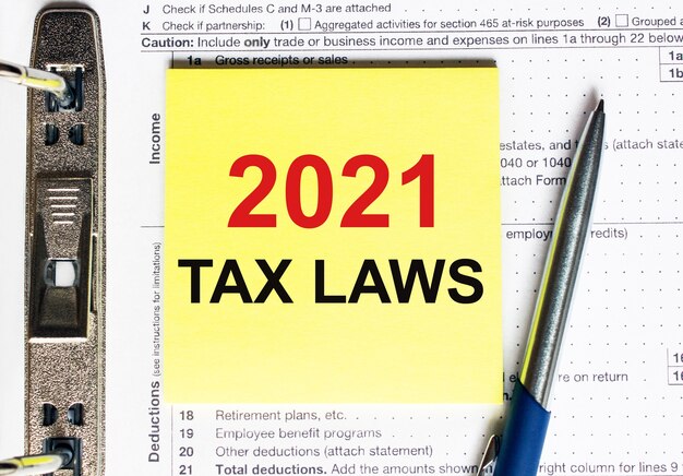 Yellow paper with text 2021 tax laws,concept