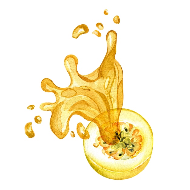 Yellow passion fruit and splash juice watercolor illustration isolated on white background