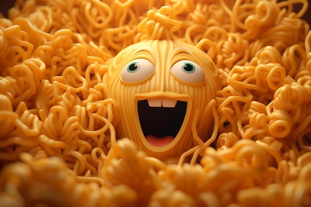 A yellow pasta with a face on it