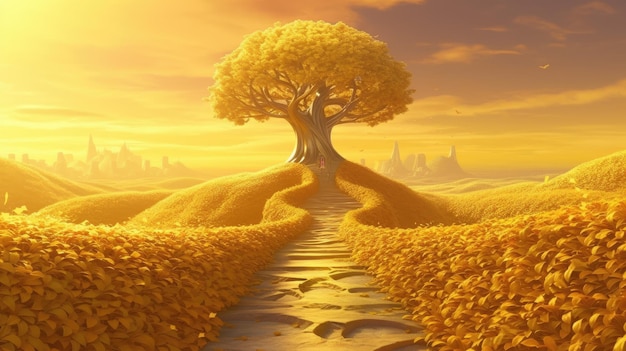 A yellow path leads to a tree in the desert.