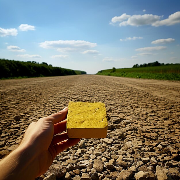 Pavimentatore giallo sulla strada di ghiaia