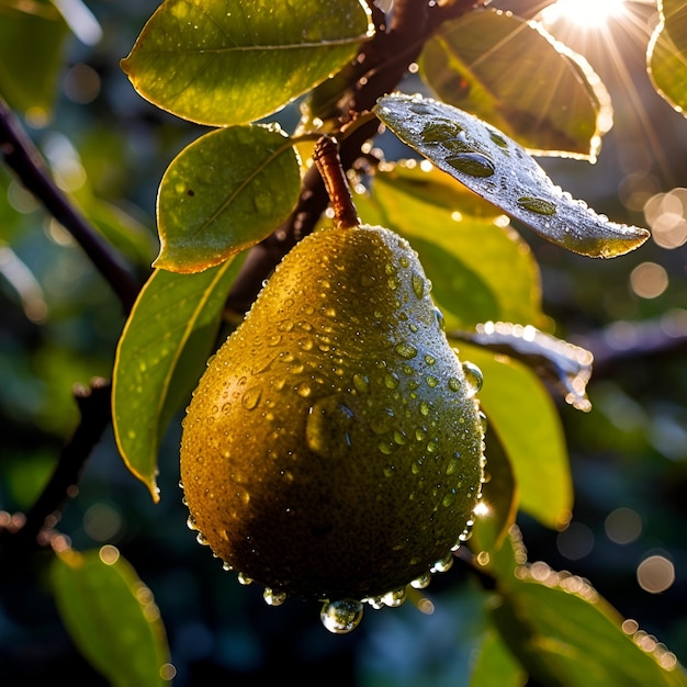 Yellow pear on a branch with leaves in the sun