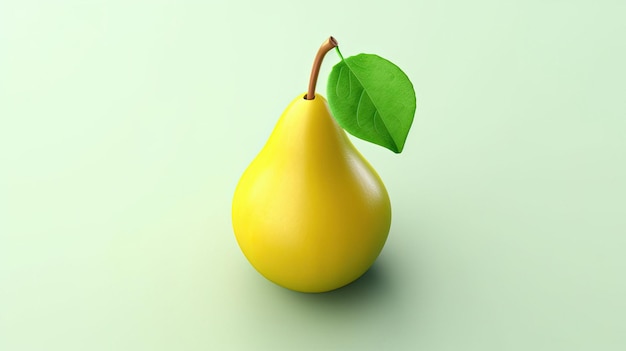 A yellow pear with a green leaf on it