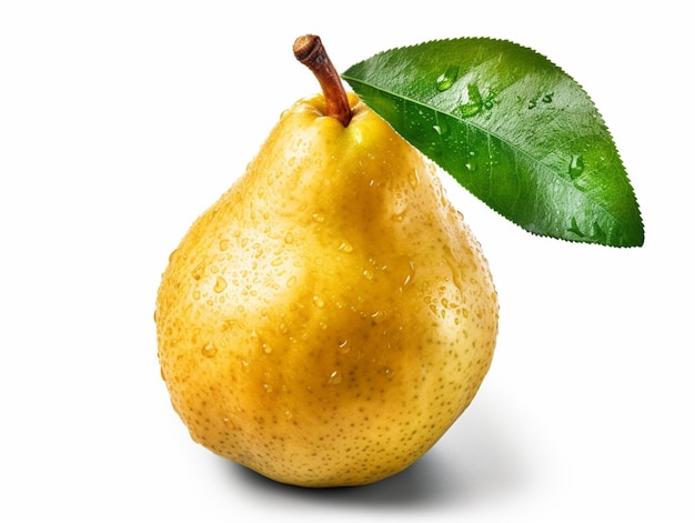 A yellow pear with a leaf on it