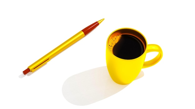 A yellow pen and a cup of coffee are next to it