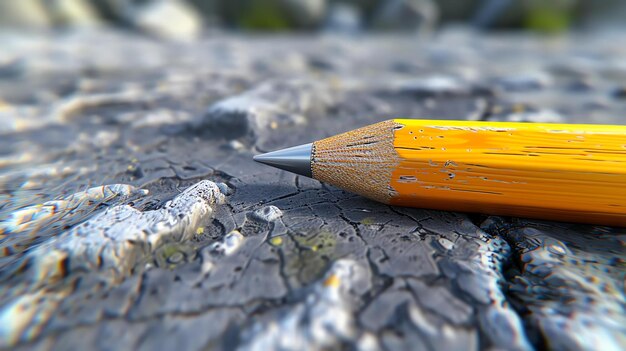 Photo a yellow pencil lies on a cracked stone surface the pencil is old and worn with a chewed tip