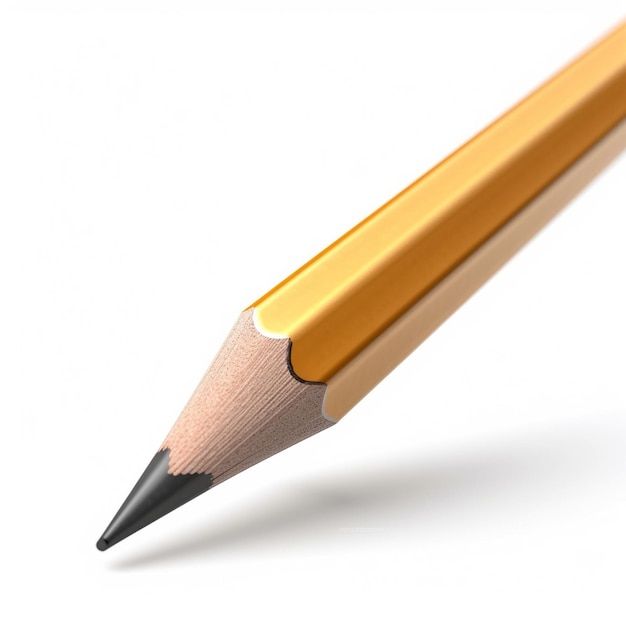 A yellow pencil with a pointy tip is showna white background