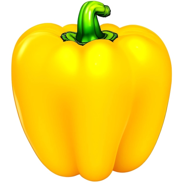 A yellow pepper with a green stem is on a white background.