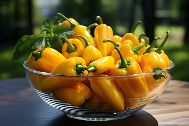 yellow peppers in clear glass bowl on wooden table behind blurred green background