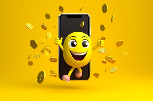 A yellow phone with a smiling face and a bunch of coins on the screen.