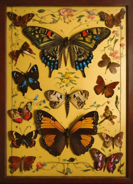 a yellow piece of art with butterflies on it