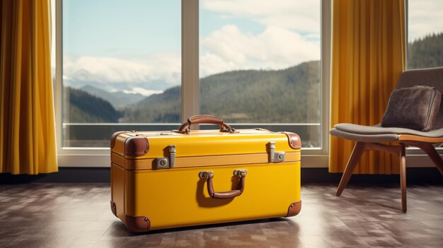 Yellow piece of luggage sitting on top of table