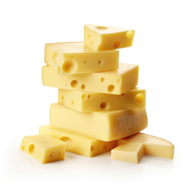 Yellow pieces of cheese isolated on a white background