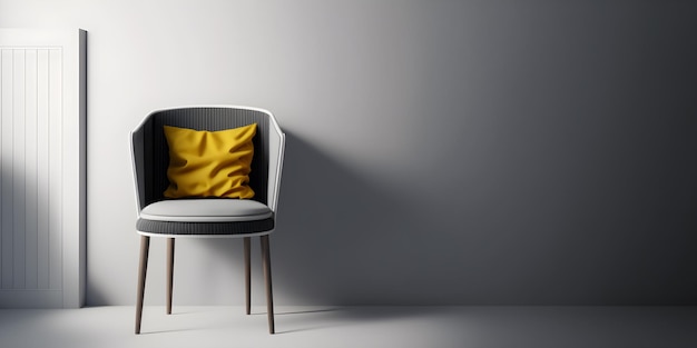 A yellow pillow sits on a chair in a white room.