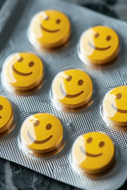 Photo a yellow pills with smiley face circle