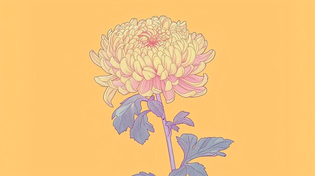 Yellow and pink chrysanthemum flower on a beige background The flower is in full bloom and has a lot of petals