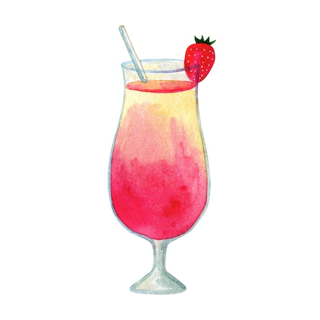 Yellow pink cocktail with strawberry. Hand drawn watercolor illustration. Isolated.