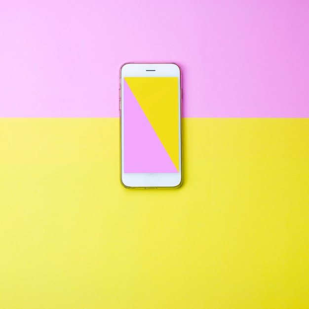 Photo yellow and pink color on smart phone screen on colored background