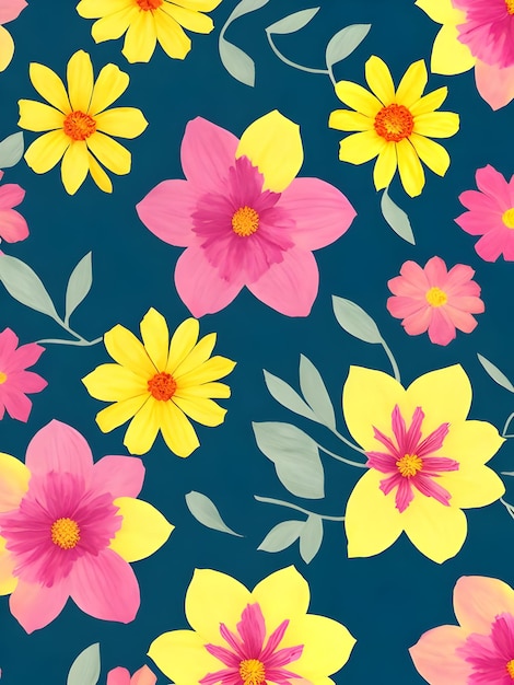 Yellow and pink flowers on blue background