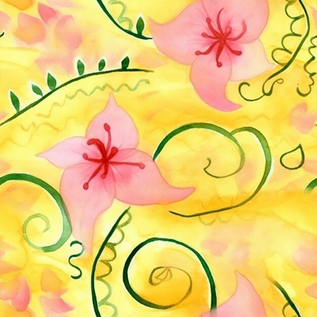 yellow and pink flowers with green swirls on a yellow background generative ai