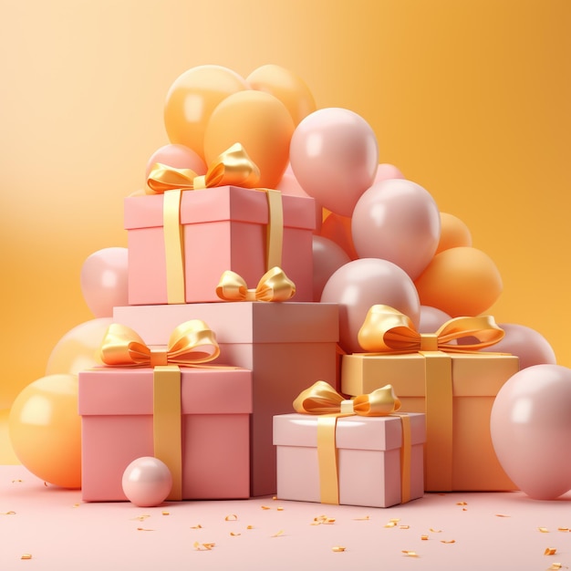 Yellow and pink gifts on a background of balloons Pink gifts with a gold bow on top of each other Gi