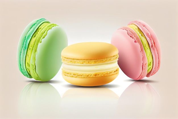 Yellow pink and green macaron cookies isolated on white background Generative Ai