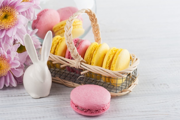 Yellow and pink macaroons, decorative rabbit